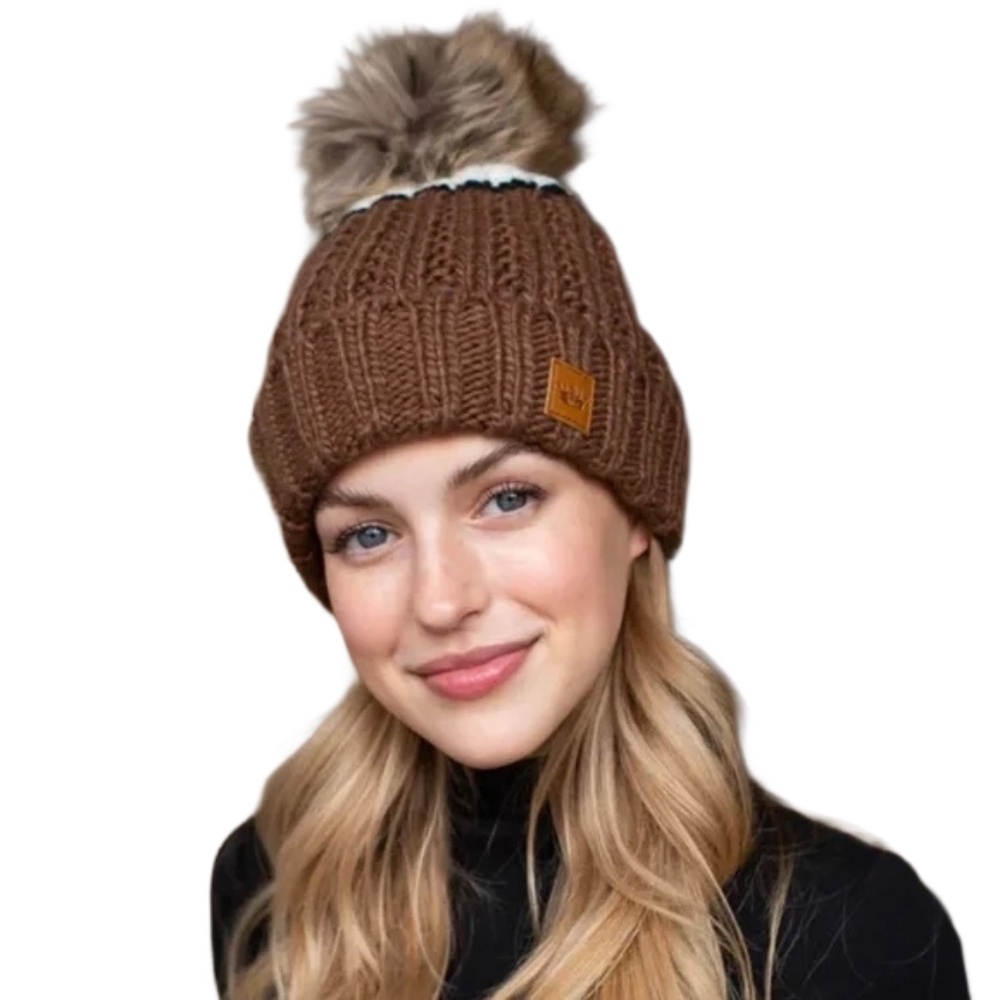 Panache Brown and cream color block with black stripe fleece lined beanie (A)